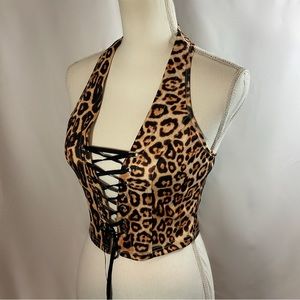 Leopard Print Halter Lace-Up Crop Top - Brown